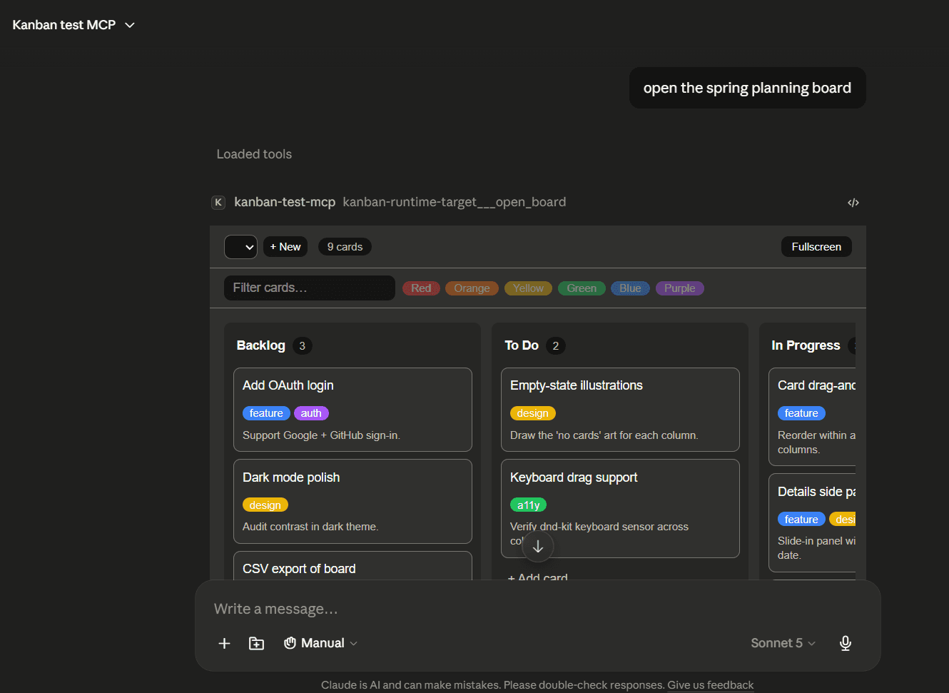 The open_board tool call rendering the interactive Kanban board widget inline in the Claude chat