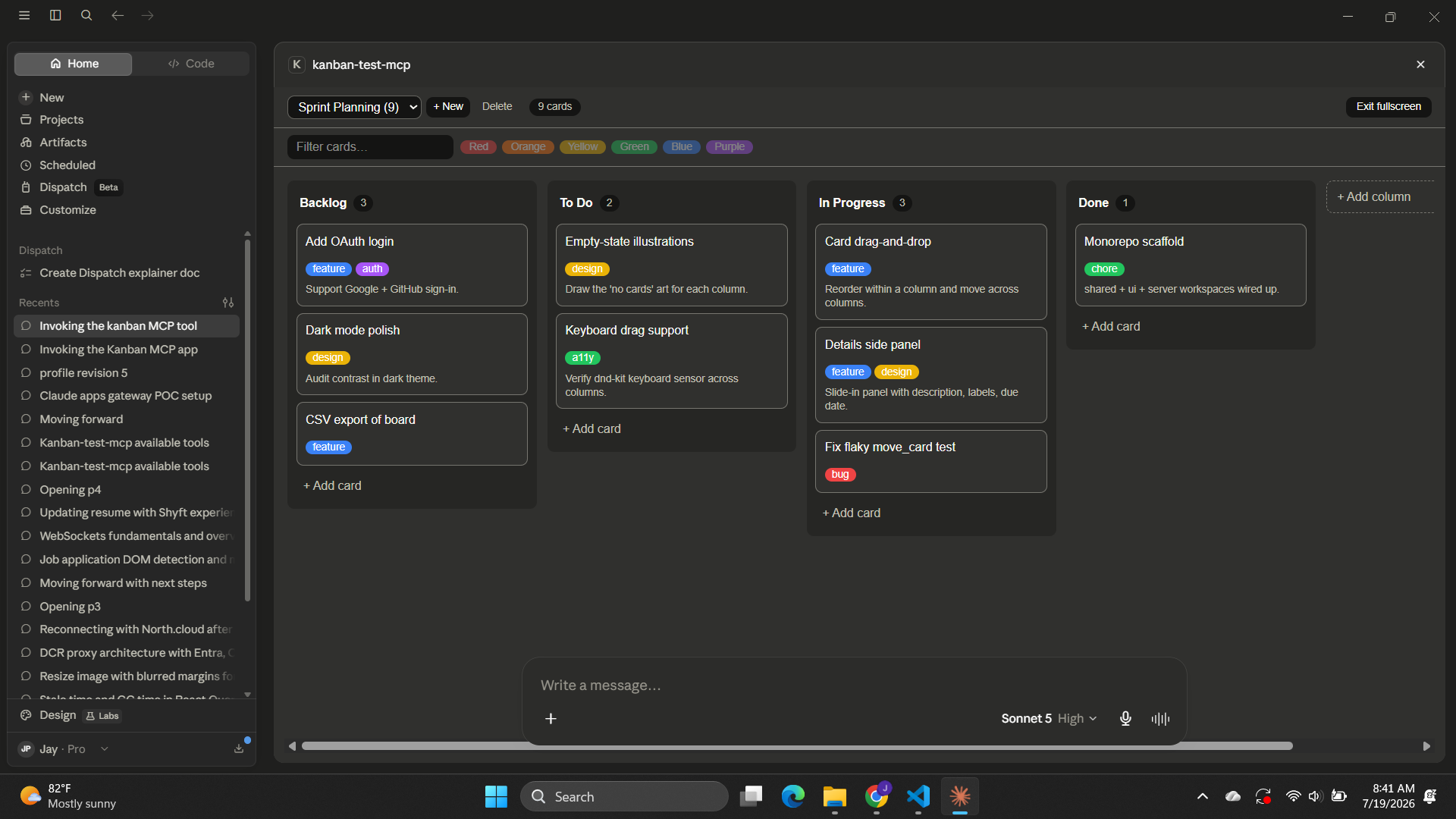 The Kanban board rendered full-screen inside Claude Desktop — four columns (Backlog, To Do, In Progress, Done) with draggable, color-labeled cards